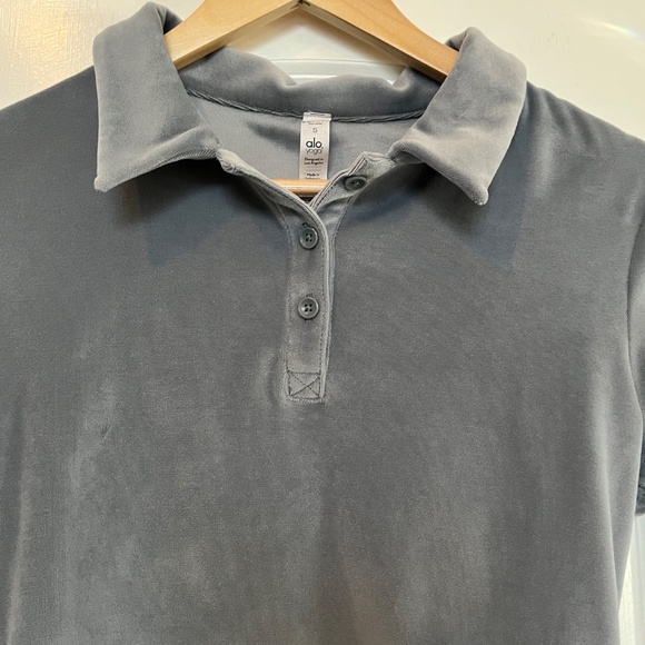 Alo Yoga✨Choice Velour Polo✨Short Sleeve Crop Henley✨Steel Blue✨Size S - Picture 6 of 10